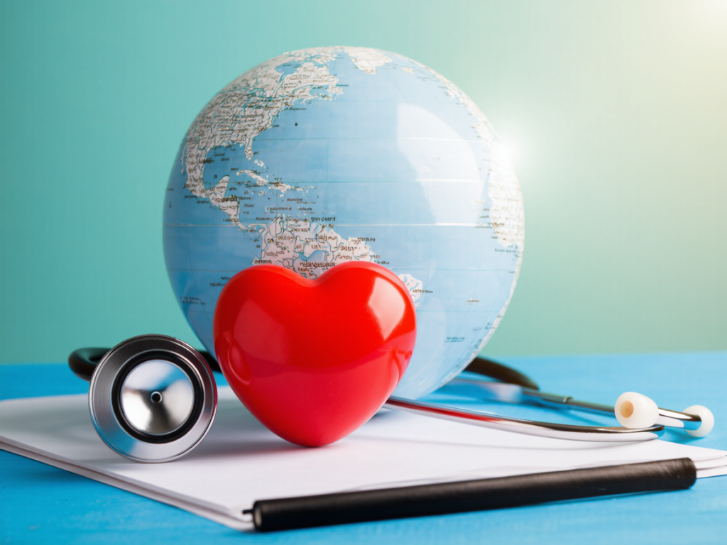 a globe and a heart with a stethoscope - Hypnotherapy for Health