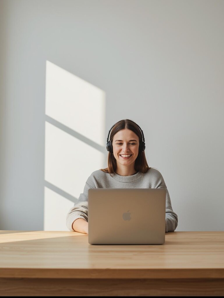 Person sitting at desk with laptop and headset smiling during online meeting, Cannabis