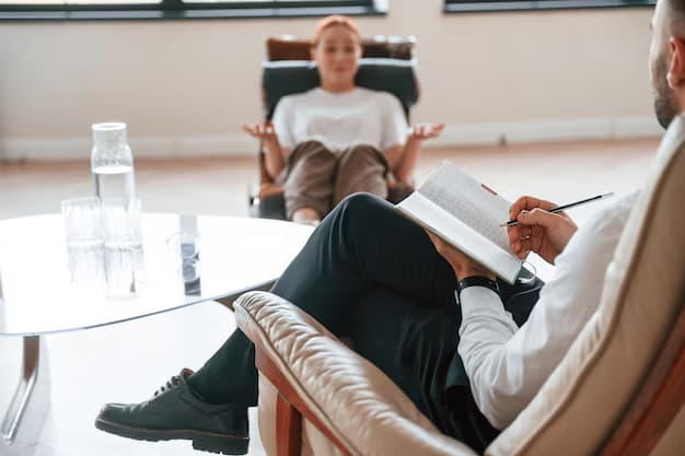 A woman relaxing during a therapy session with a professional therapist, symbolizing stress relief, healing, and mental wellness