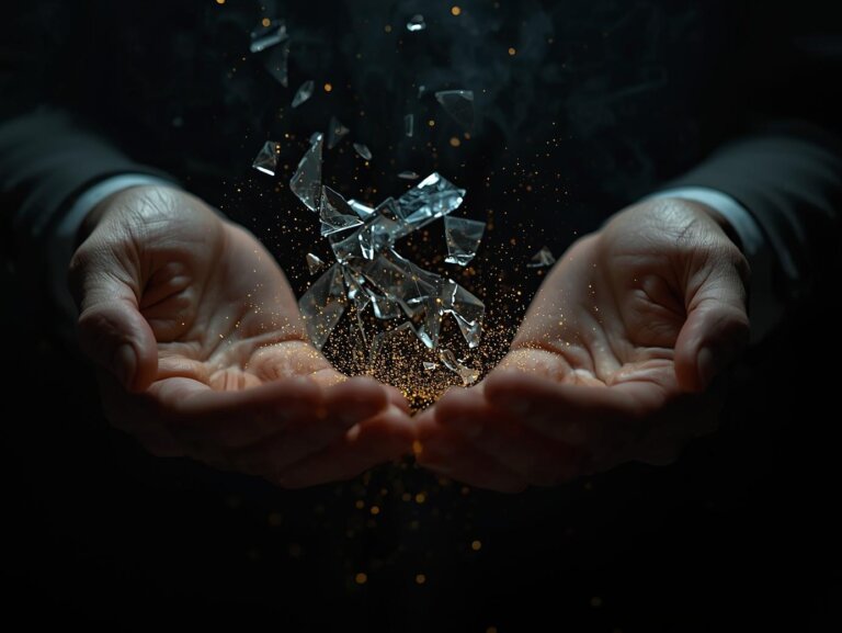 A pair of hands releasing a broken wine glass that turns into light, symbolizing freedom from alcohol addiction and the start of recovery