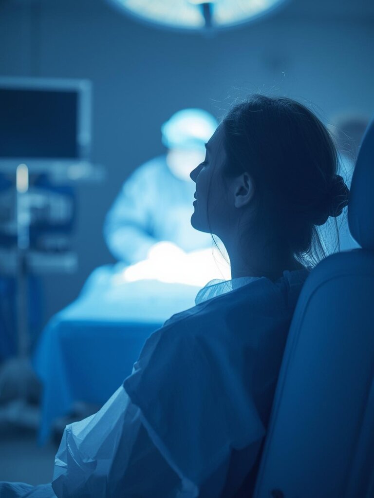 A person sitting calmly with soft light around them, surrounded by gentle blue and white tones, in a blurred medical setting.