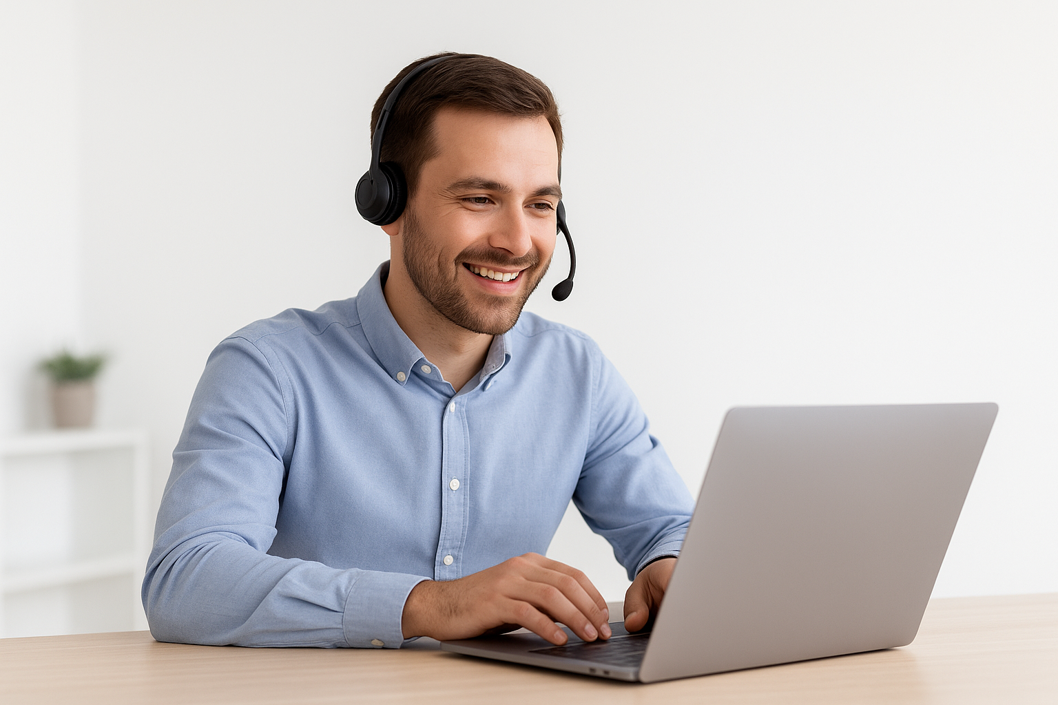 A man sits in front of his laptop during an online meeting